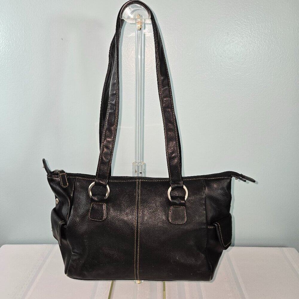 Black Leather Pebble Grain Double Shoulder Strap Purse with Zipper Closure